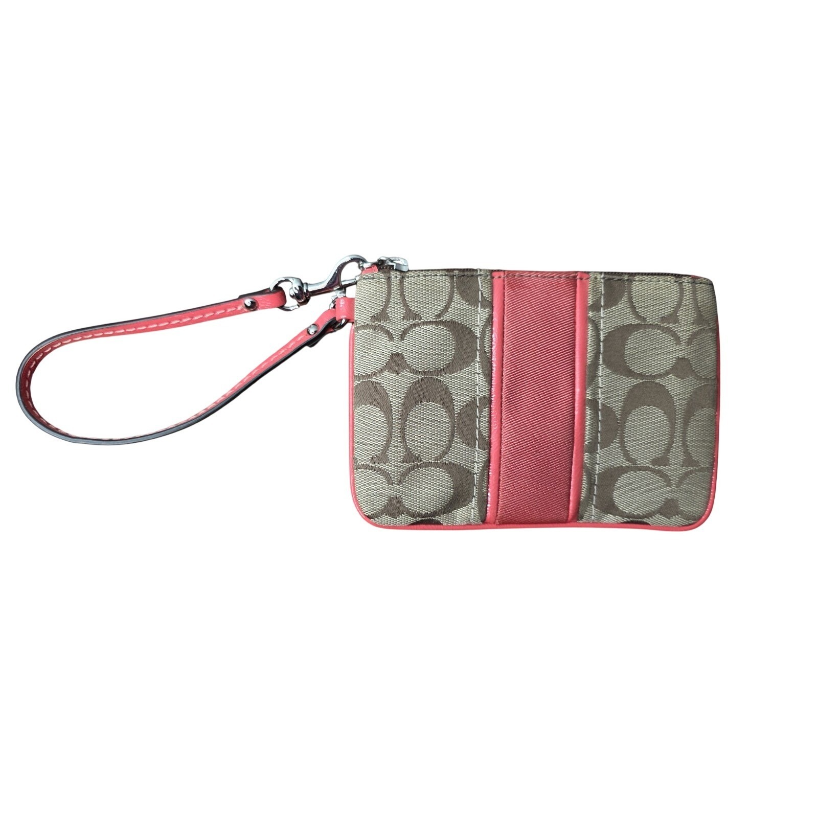 Coach Wristlet Small Wallet Jacquard Brown "C" And Pink/Coral